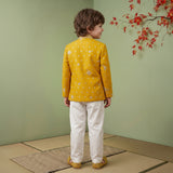 Boys Georgette Embroidered Sherwani & Trouser Set with Traditional Motifs Mustard