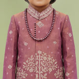 Boys Georgette Embroidered Sherwani & Trouser Set with Traditional Motifs Mauve