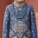 Boys Georgette Embroidered Sherwani & Trouser Set with Traditional Motifs Steel Blue
