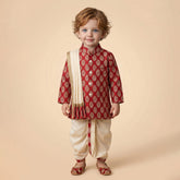 Boys Ethnic Brocade Kurta and Cream Dhoti Set with Stole (Festive & Wedding Wear) Red