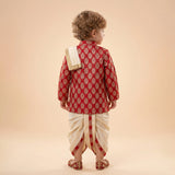 Boys Ethnic Brocade Kurta and Cream Dhoti Set with Stole (Festive & Wedding Wear) Red