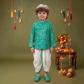 Boys Festive Silk-Blend Print and sequence work Kurta with White Dhoti Pants Turquoise