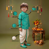 Boys Festive Silk-Blend Print and sequence work Kurta with White Dhoti Pants Turquoise