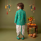Boys Festive Silk-Blend Print and sequence work Kurta with White Dhoti Pants Turquoise