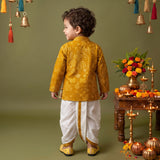 Boys Festive Silk-Blend Print and sequence work Kurta with White Dhoti Pants Mustard