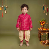 Boys Festive Silk-Blend Print and sequence work Kurta with White Dhoti Pants Pink