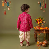 Boys Festive Silk-Blend Print and sequence work Kurta with White Dhoti Pants Pink