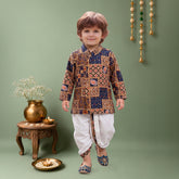 Boys Cotton Woven Full Sleeves All over printed Dhoti Kurta Set 13638 Color Navy Blue