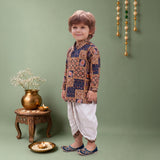 Boys Cotton Woven Full Sleeves All over printed Dhoti Kurta Set 13638 Color Navy Blue
