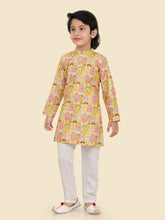 Gold Jacquard KurtaSet with Long Sleeve Kurta & Pant Style Pyjama For Boys