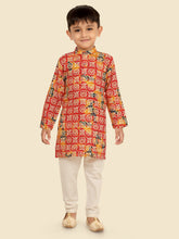 Red Cotton Blend KurtaSet with Long Sleeve Kurta & Pant style Pyjama For Boys