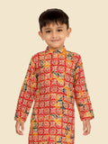 Red Cotton Blend KurtaSet with Long Sleeve Kurta & Pant style Pyjama For Boys