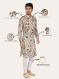 Man wearing a patterned cream kurta with highlighted features