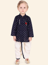 Navy Blue Boys Woven Design Kurta Set with Dhoti