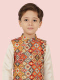 Multi Motif Printed Jacket Set with Long Sleeve Kurta & Dhoti Style Bottom For Boys