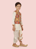 Multi Motif Printed Jacket Set with Long Sleeve Kurta & Dhoti Style Bottom For Boys