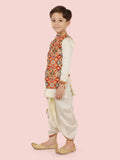 Multi Motif Printed Jacket Set with Long Sleeve Kurta & Dhoti Style Bottom For Boys