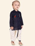 Navy Blue Boys Woven Design Kurta Set with Dhoti