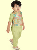 Green Boys Kurta Set with Pyjamas & Motifs Printed Jacket