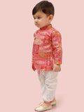 Pink Boys Kurta Set with Dhoti & Printed Kurta