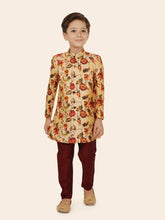 Fawn Jacquard Sherwani Set with Long Sleeve Kurta & Pant style Pyjama For Boys