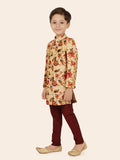 Fawn Jacquard Sherwani Set with Long Sleeve Kurta & Pant style Pyjama For Boys