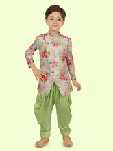 Green Floral Print Motif Kurta Set with Long Sleeve Kurta & Pant style Pyjama For Boys