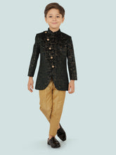 Green Jacquard Sequence KurtaSet with Long Sleeve Kurta & Pant style Pyjama For Boys 6272