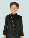 Green Jacquard Sequence KurtaSet with Long Sleeve Kurta & Pant style Pyjama For Boys 6272