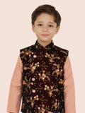 Maroon Velvet Jacket Kurta Set with Long Sleeve Kurta & Pant style Pyjama For Boys