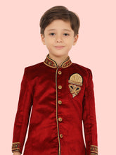 Maroon Velvet Kurta Set with Long Sleeve Kurta & Pant style Pyjama For Boys