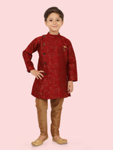 Marron Jacquard Kurta Set with Long Sleeve Kurta & Pant style Pyjama For Boys