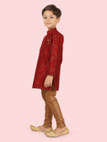 Marron Jacquard Kurta Set with Long Sleeve Kurta & Pant style Pyjama For Boys