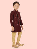 Wine Jacquard Jacket Kurta Set with Long Sleeve Kurta & Pant style Pyjama For Boys