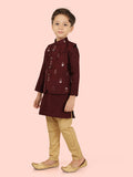 Wine Jacquard Jacket Kurta Set with Long Sleeve Kurta & Pant style Pyjama For Boys