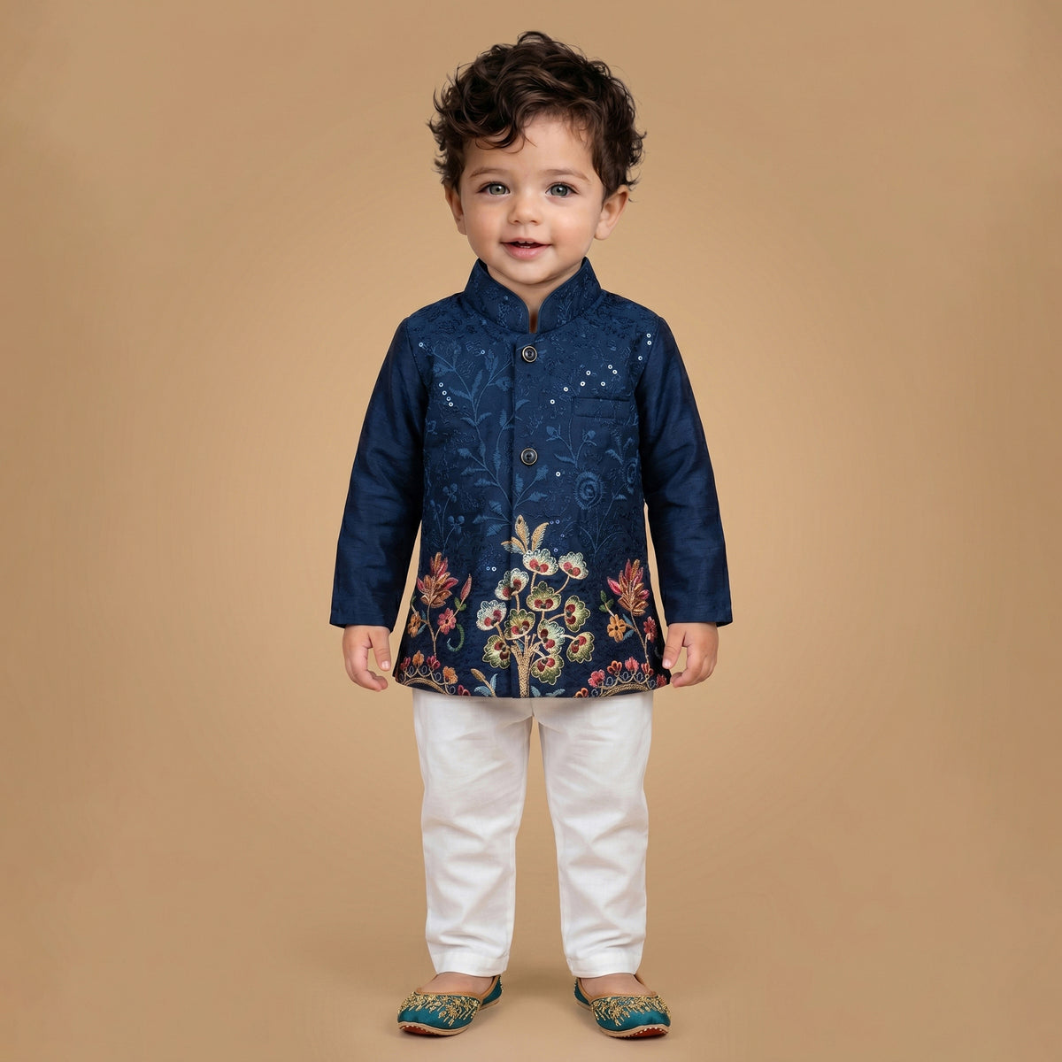 Boys Floral Embroidered Regular Sequinned Indo western Kurta with Pyjamas