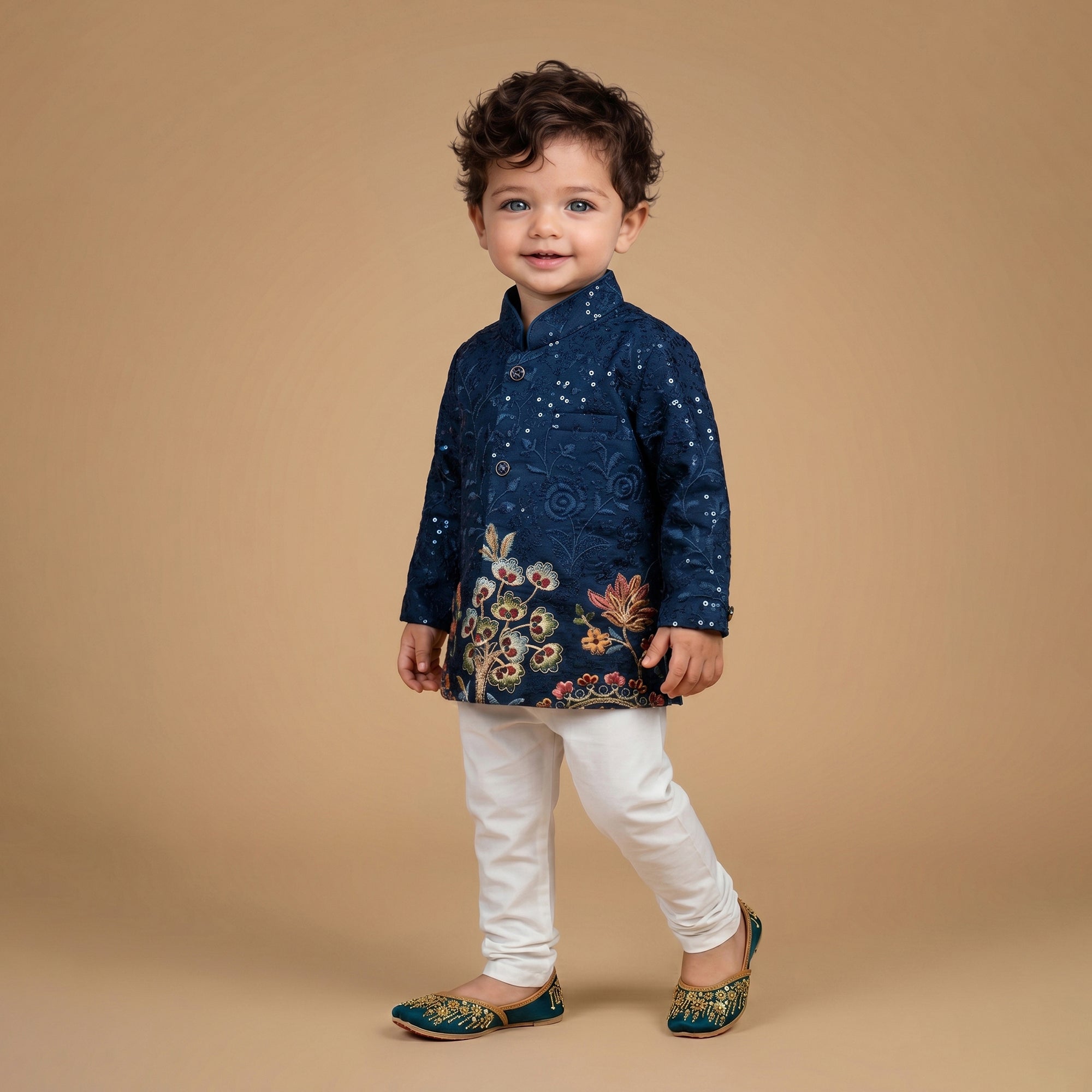 Boys Floral Embroidered Regular Sequinned Indo western Kurta with Pyjamas