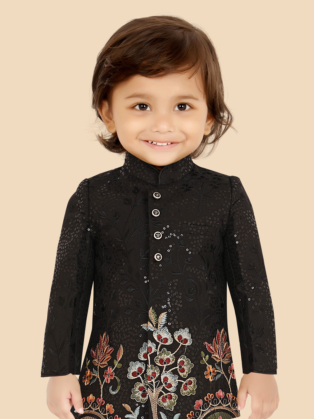 Boys Floral Embroidered Regular Sequinned Indo western Kurta with Pyjamas