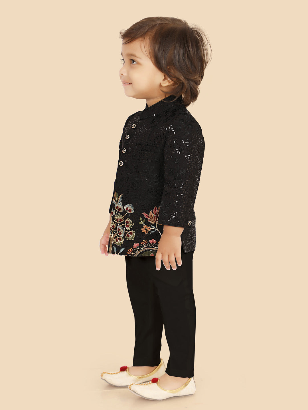 Boys Floral Embroidered Regular Sequinned Indo western Kurta with Pyjamas
