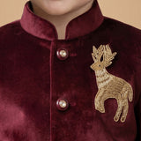 Boys Animal Embroidered Velvet Indo Kurta With Pyjamas Set