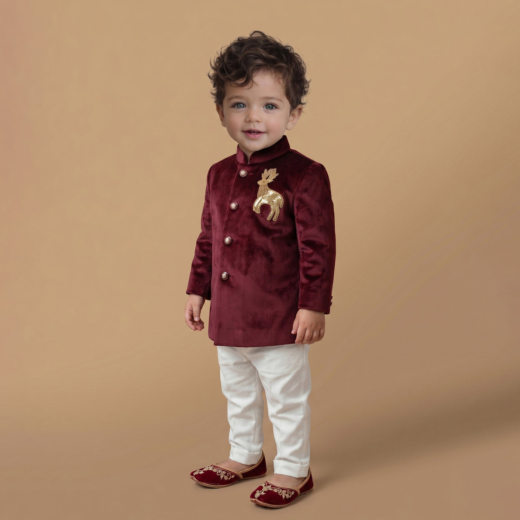 Boys Animal Embroidered Velvet Indo Kurta With Pyjamas Set