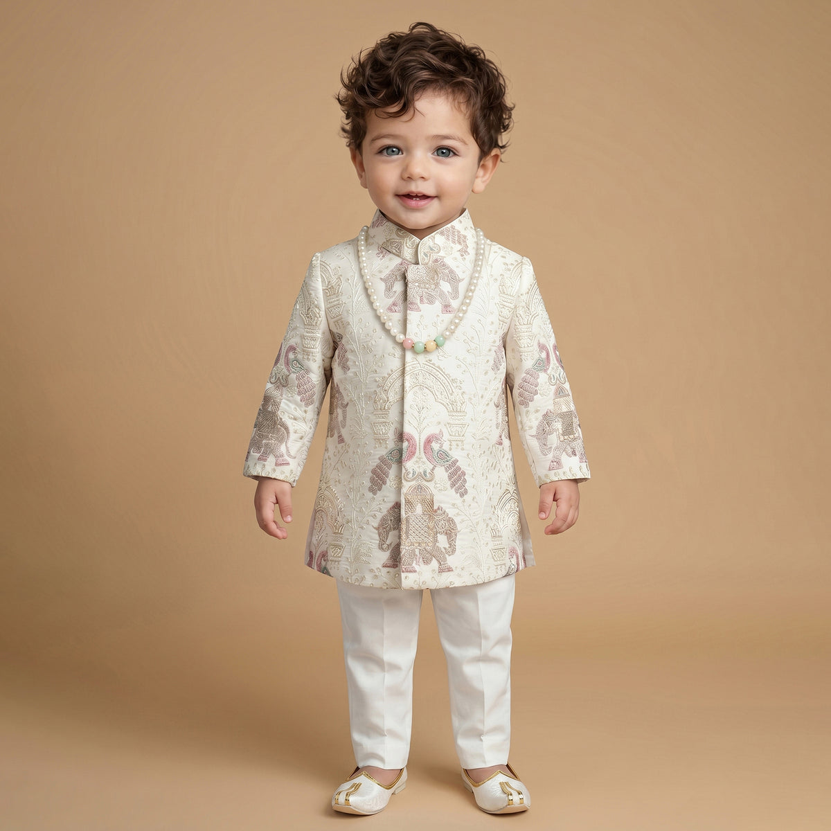 Boys Ethnic Motifs Embroidered Regular Thread Work Silk Georgette Kurta with Trousers
