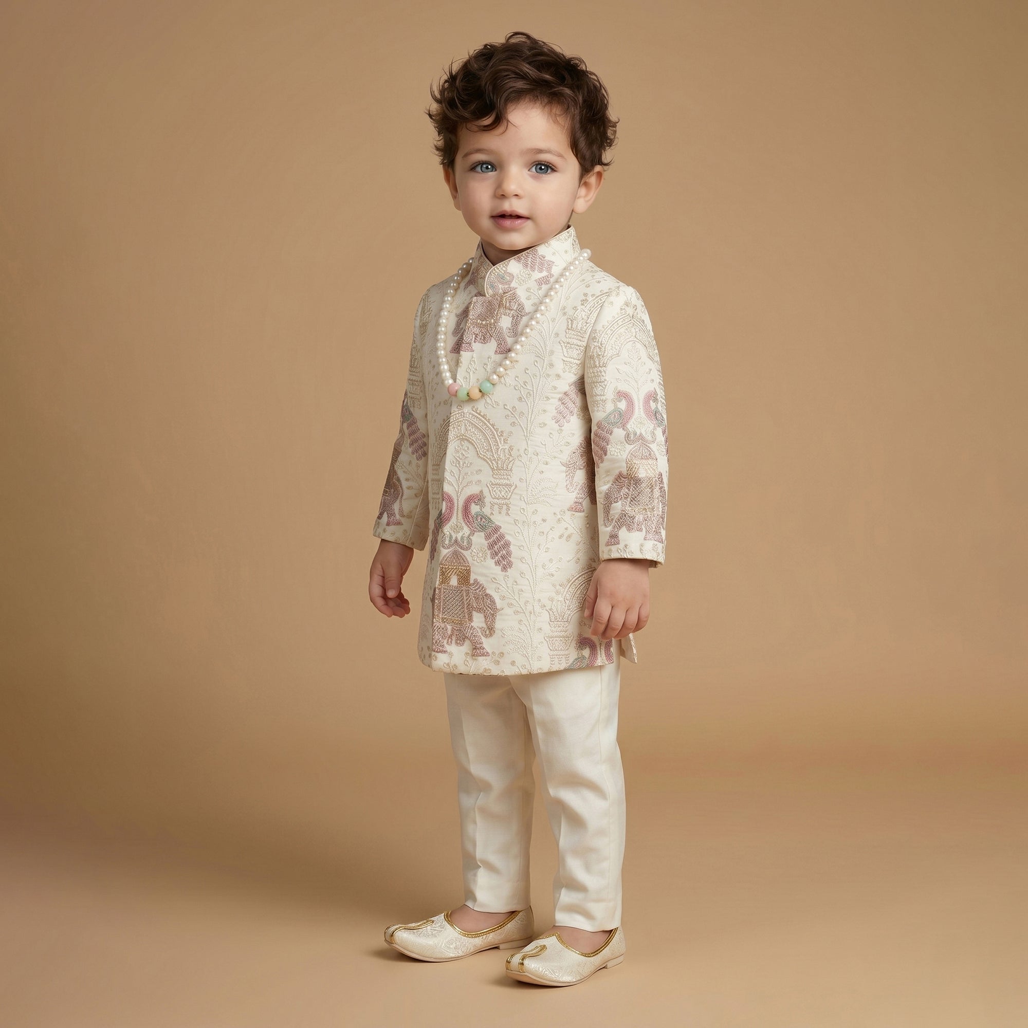 Boys Ethnic Motifs Embroidered Regular Thread Work Silk Georgette Kurta with Trousers