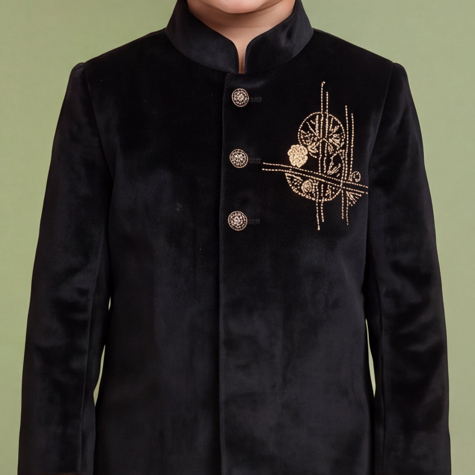 Boys Embellished with beads Velvet Indo western Kurta with Payjama Black