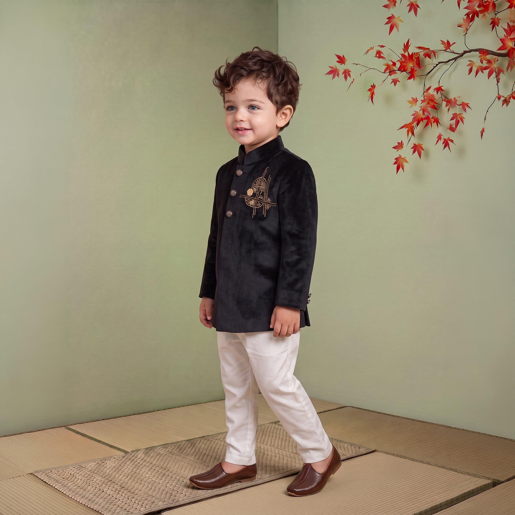 Boys Embellished with beads Velvet Indo western Kurta with Payjama Black