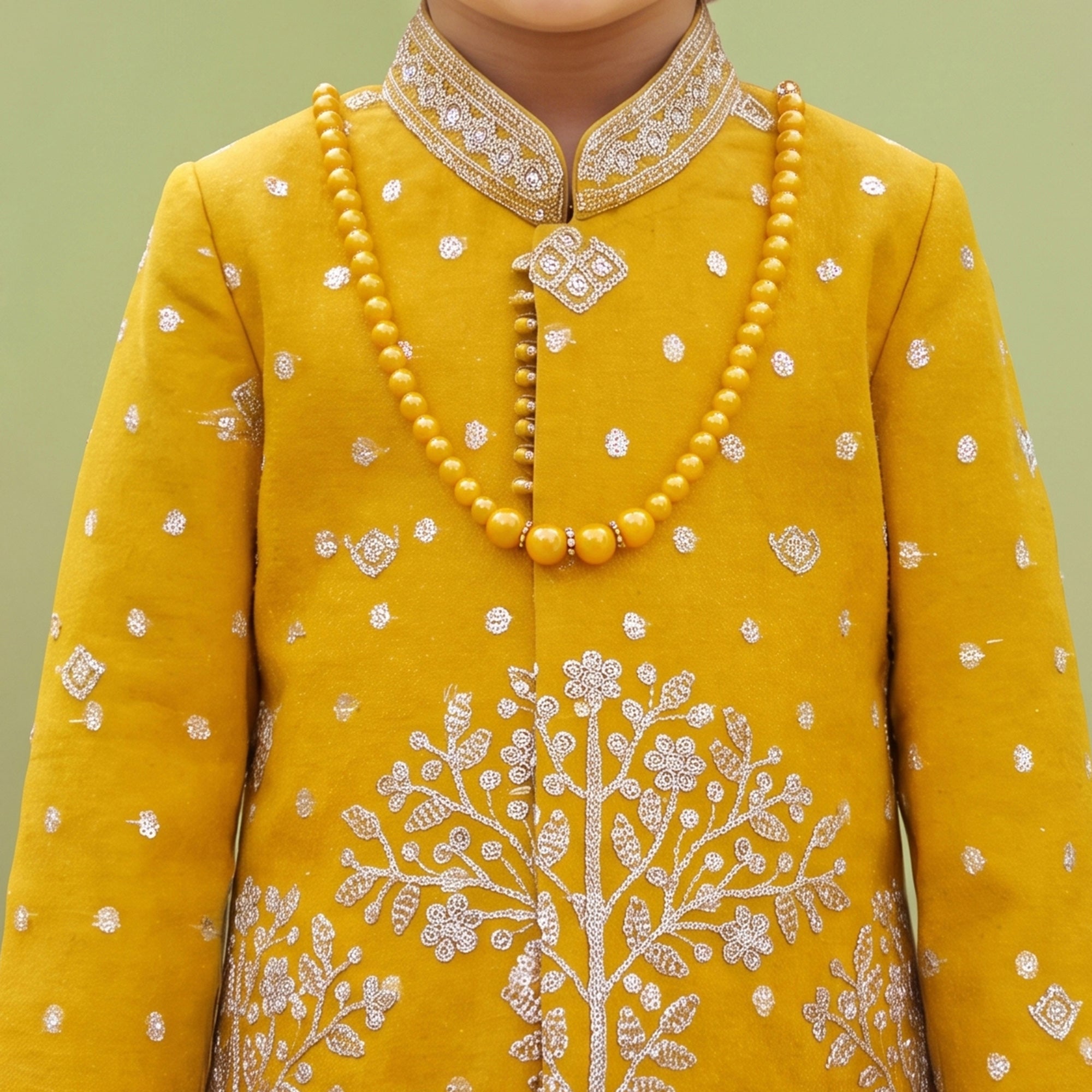 Boys Georgette Embroidered Sherwani & Trouser Set with Traditional Motifs Mustard