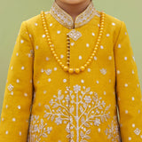 Boys Georgette Embroidered Sherwani & Trouser Set with Traditional Motifs Mustard