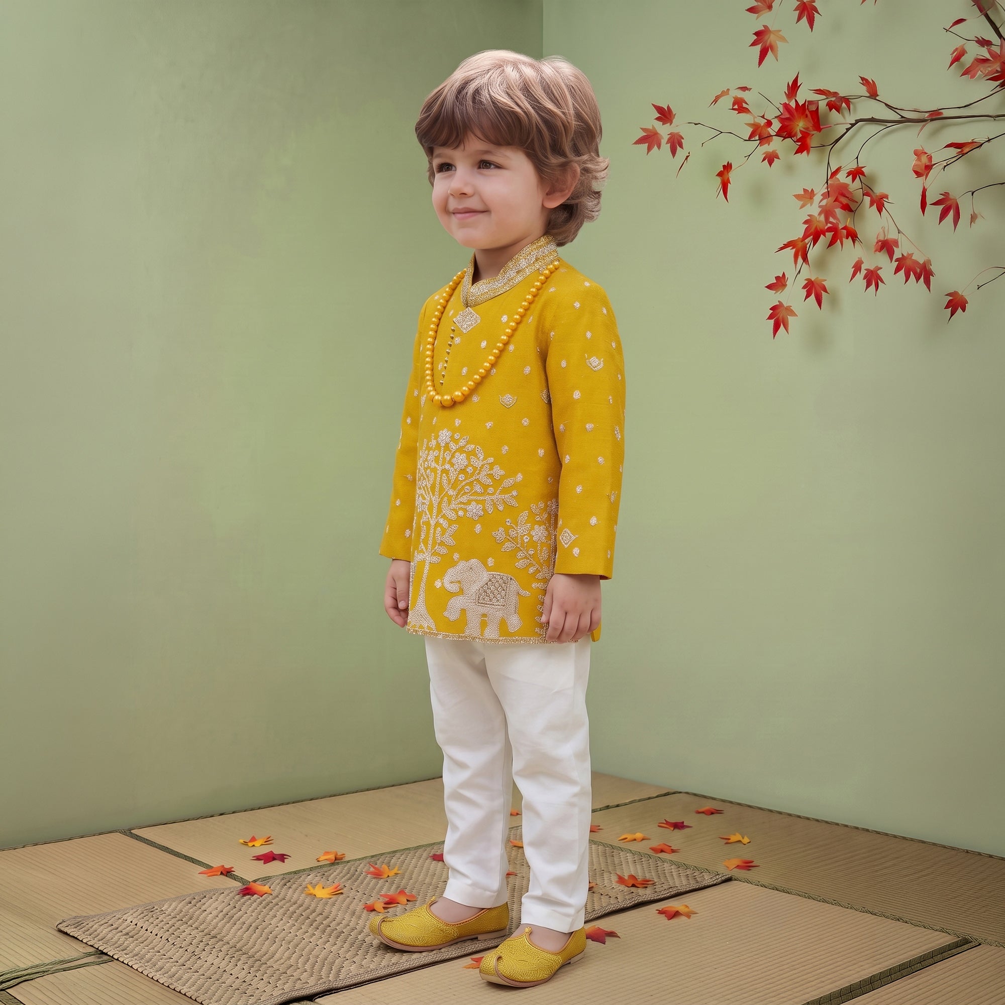 Boys Georgette Embroidered Sherwani & Trouser Set with Traditional Motifs Mustard