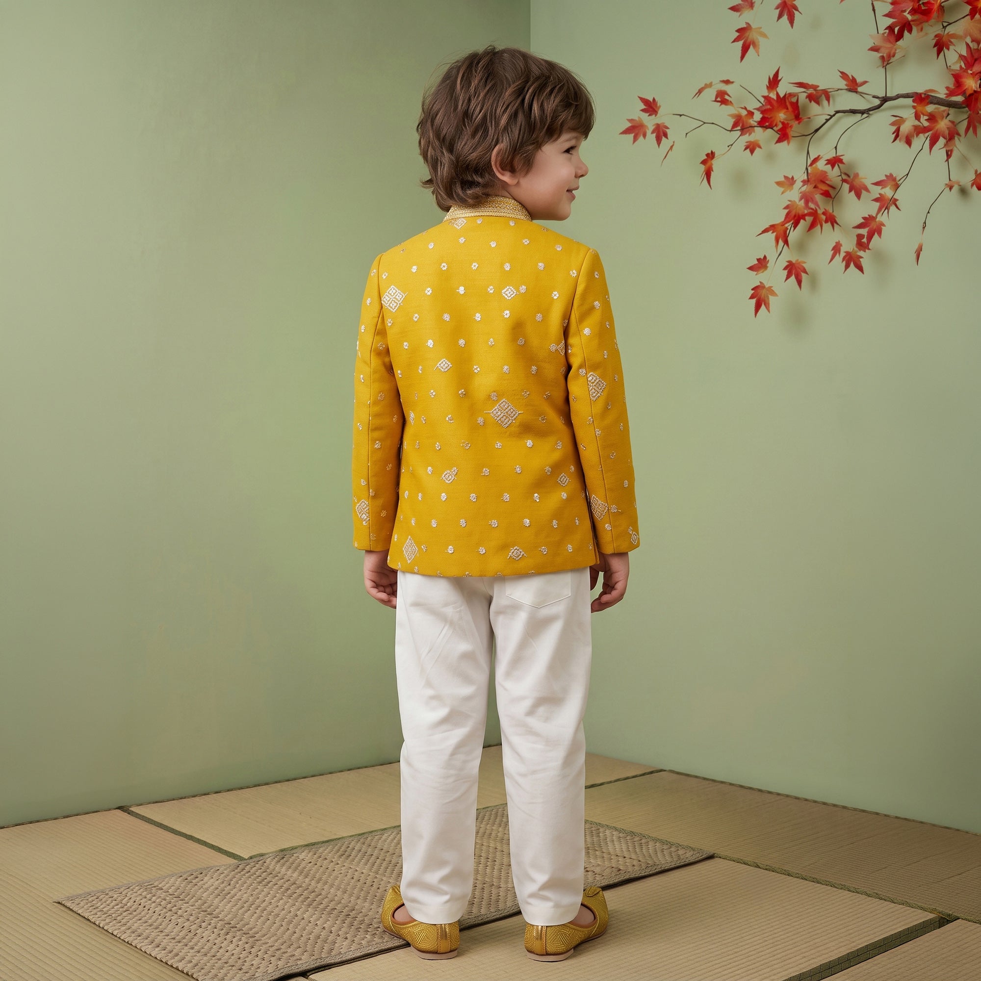 Boys Georgette Embroidered Sherwani & Trouser Set with Traditional Motifs Mustard