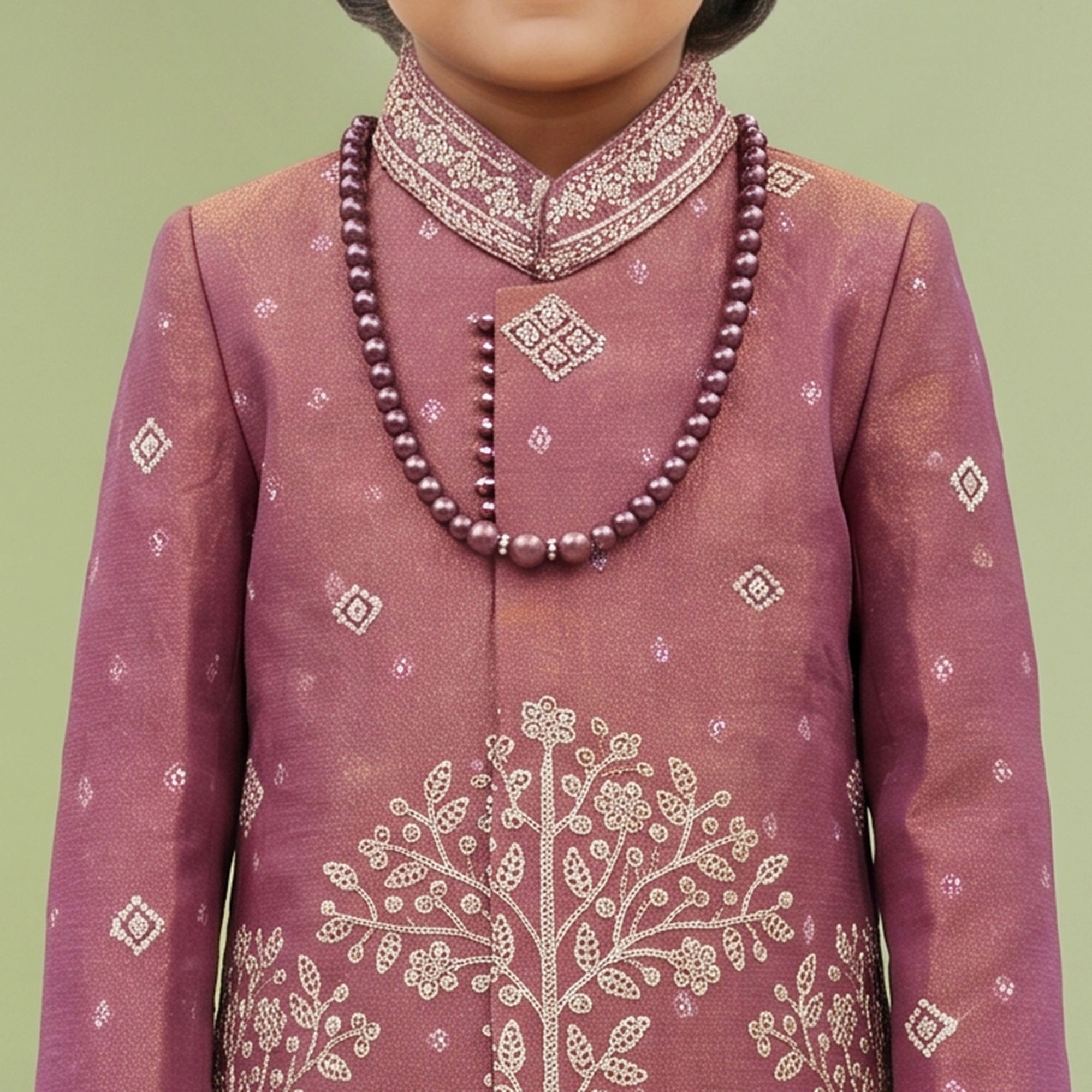 Boys Georgette Embroidered Sherwani & Trouser Set with Traditional Motifs Mauve